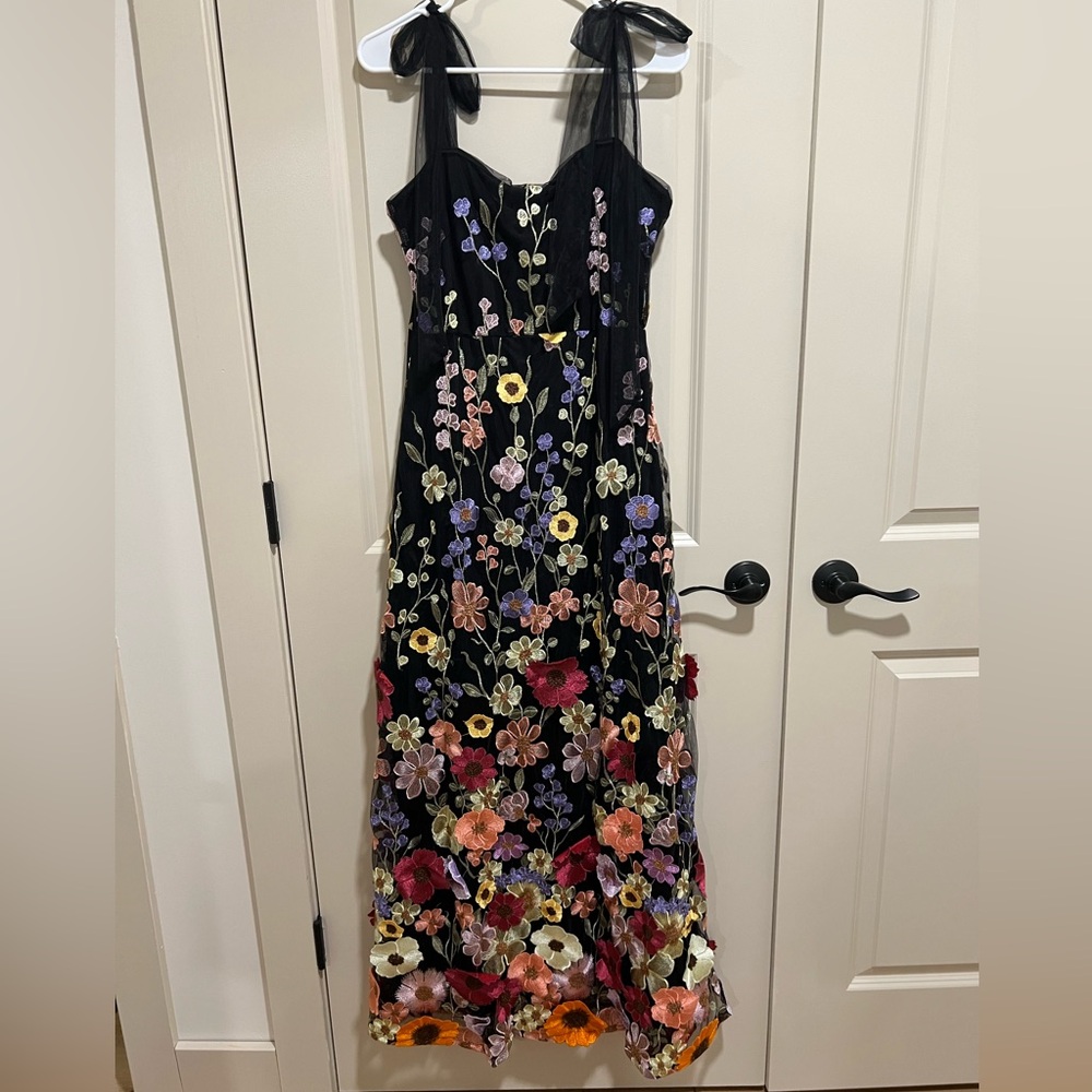 Lulus Thriving Poise Black 3d Floral Embroidered Tie-strap Maxi Dress - Size L